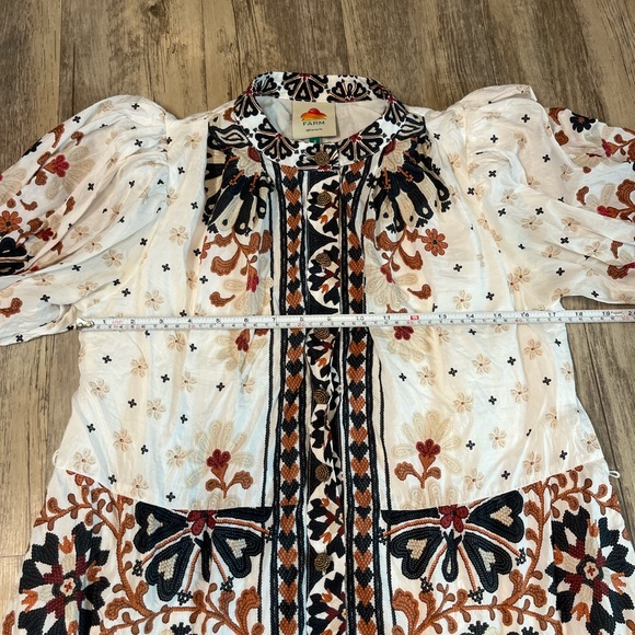 Farm Rio Flower Fan Off White Tapestry Dress Puff Sleeve Button Down Size Small - Picture 4 of 14